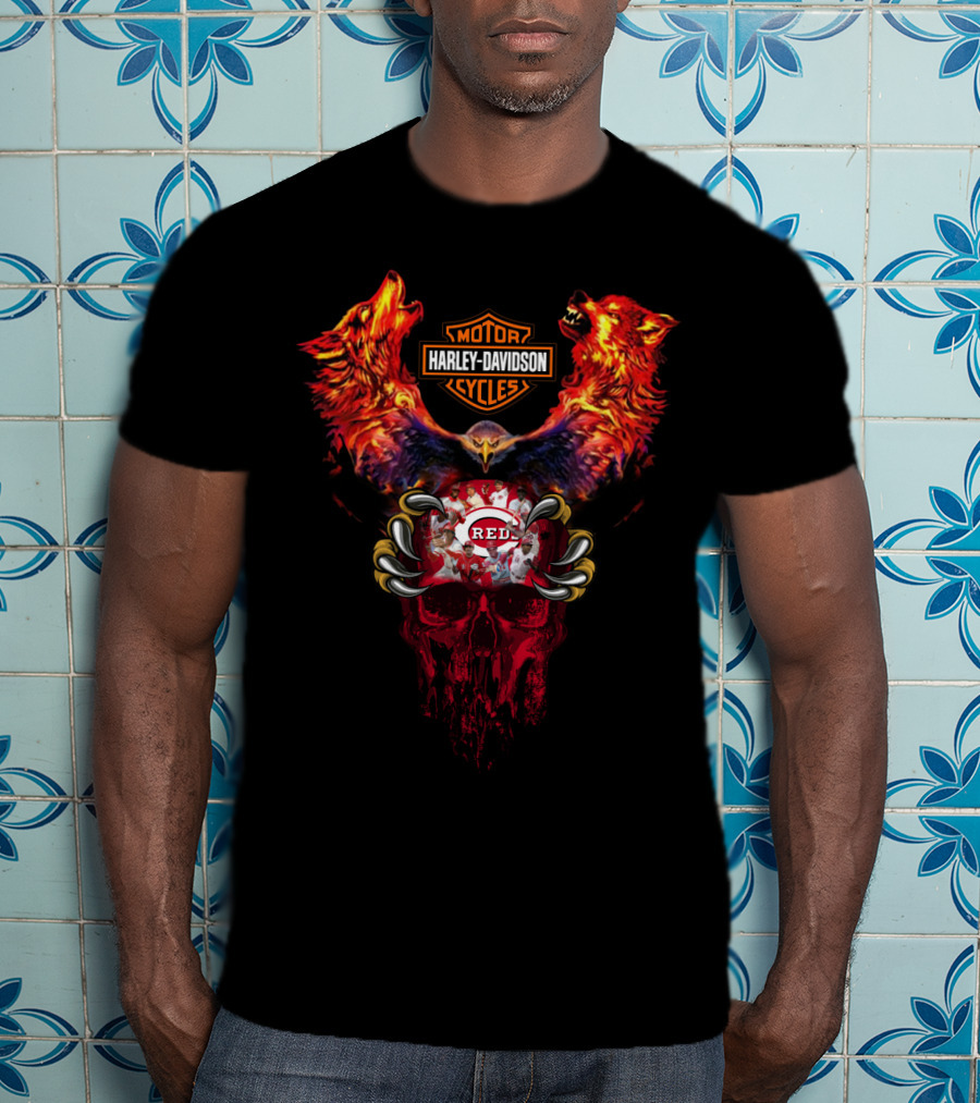 Harley Davidson Motorcycles Mlb Cincinnati Reds Wolf Skull T-Shirt
