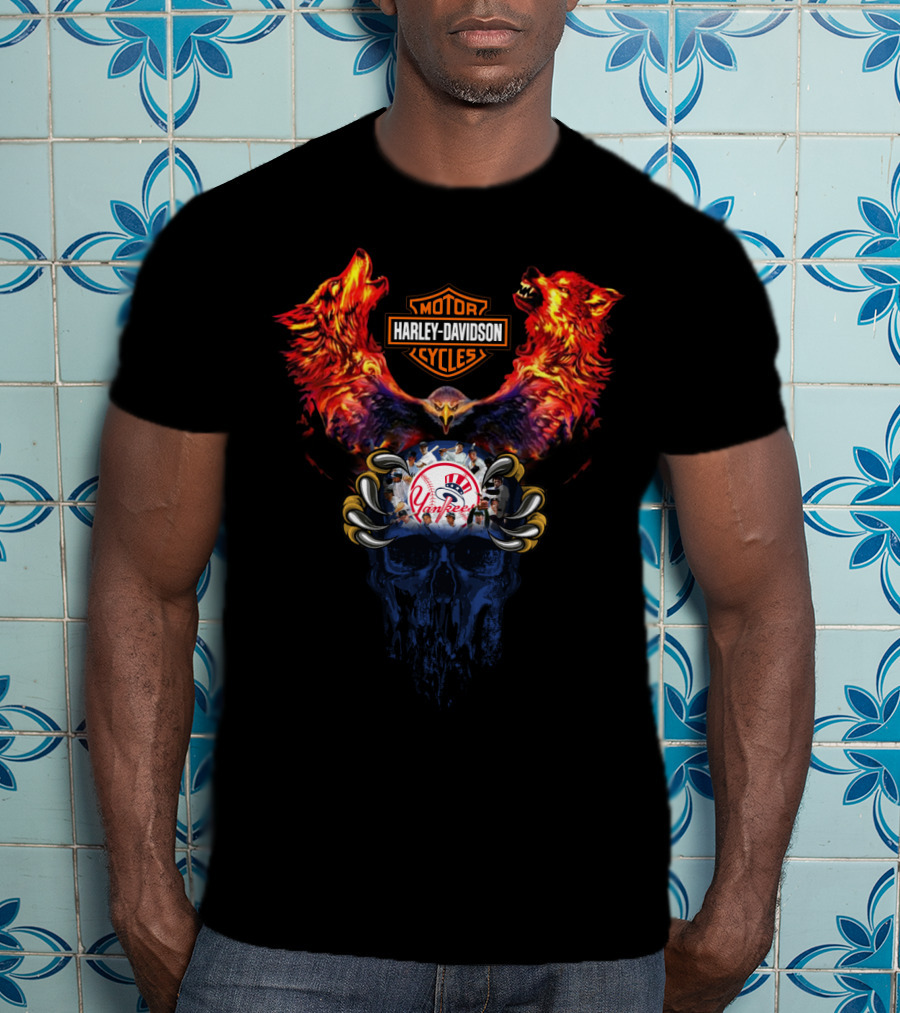 Harley Davidson Motorcycles Ny Yankees Mlb Wolf Skull T-Shirt