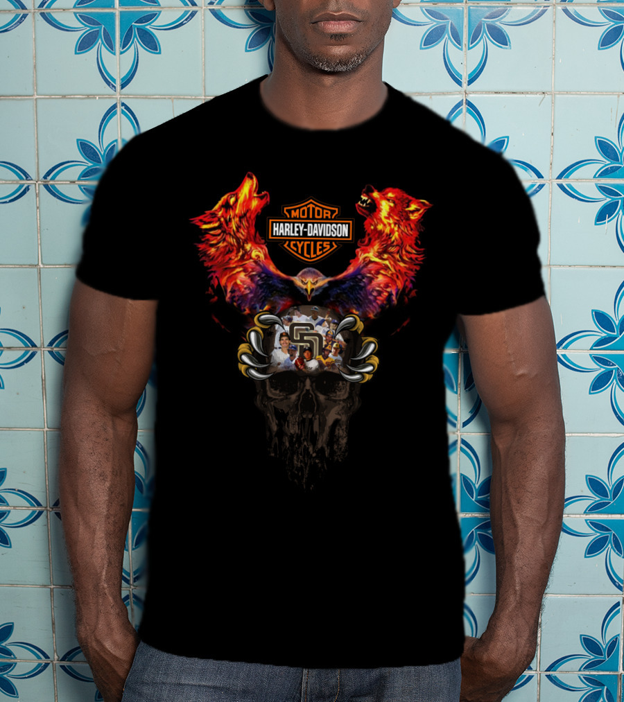 Harley Davidson Motor Cycles Mlb Sdp Sd Padres Skull T-Shirt
