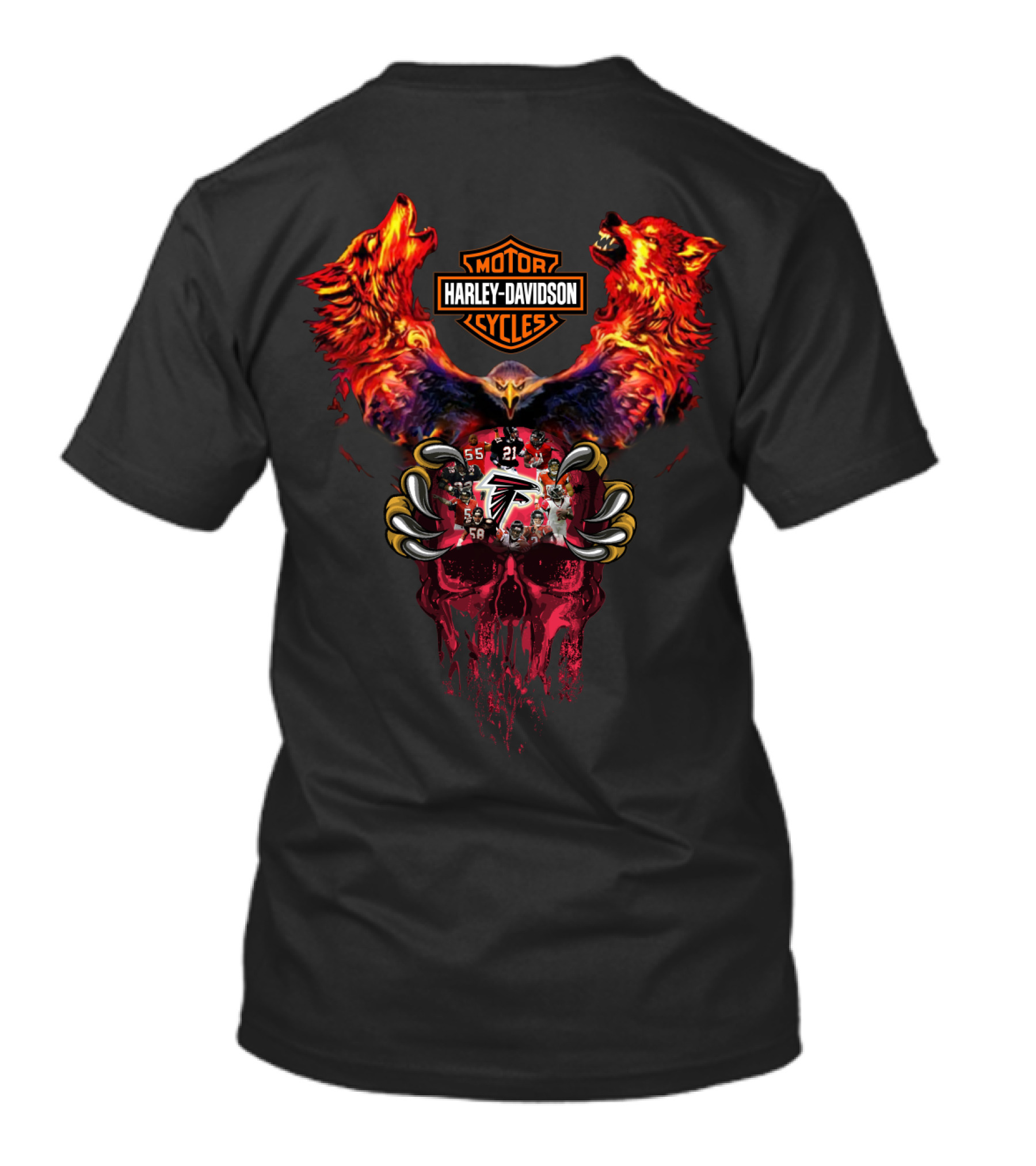 Harley Davidson Atlanta Falcons Skull With Wolves And Eagle T-Shirt