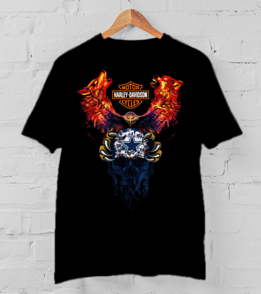 Harley Davidson Motor Cycles Cowboys Wolf Eagle Football Skull T-Shirt