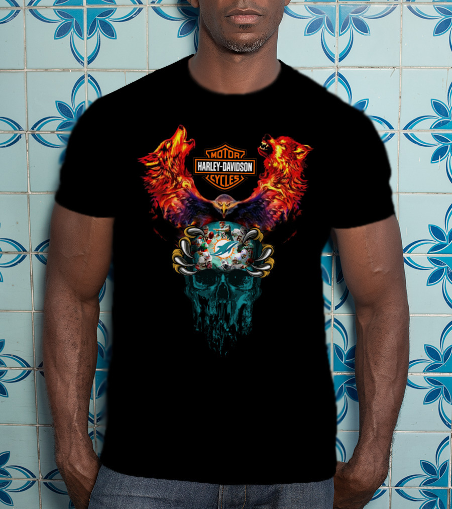 Harley Davidson Motor Cycles Miami Dolphins Wolves And Skull T-Shirt