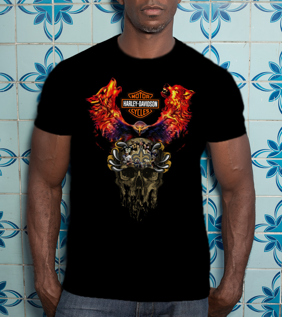 Harley Davidson Cycles With Wolves And New Orleans Saints Skull T-Shirt