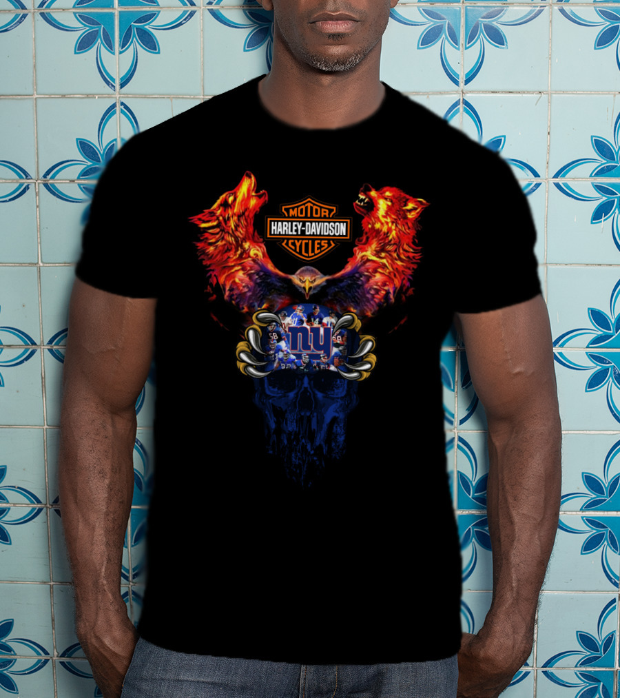 Harley Davidson Motorcycles New York Giants Skull Wolves T-Shirt