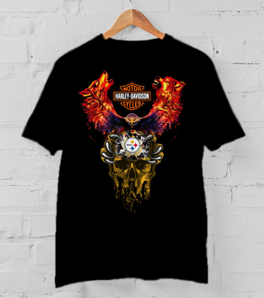 Harley Davidson Motor Cycles Pittsburgh Steelers Wolf Skull T-Shirt