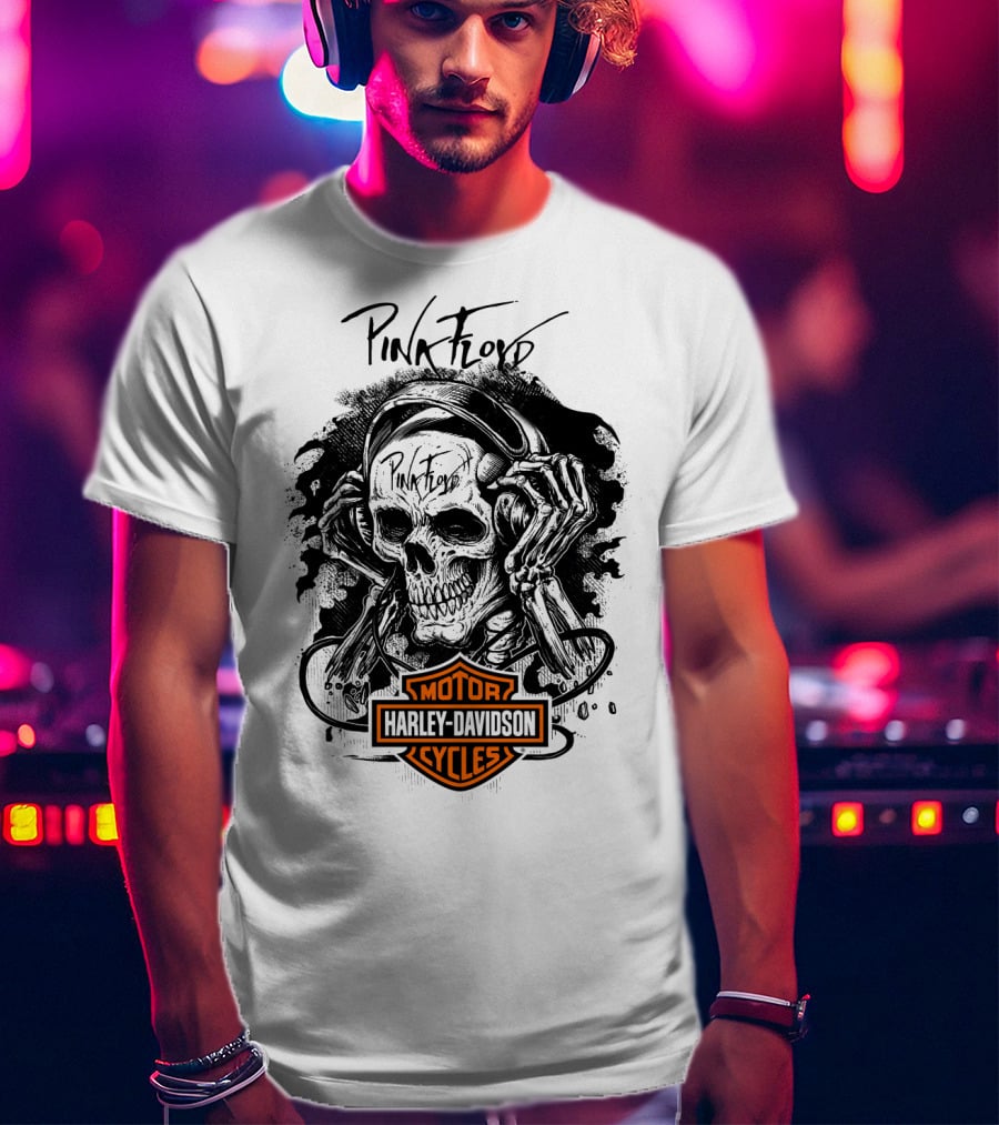 Pink Floyd Harley Davidson Skull With Headphones T-Shirt