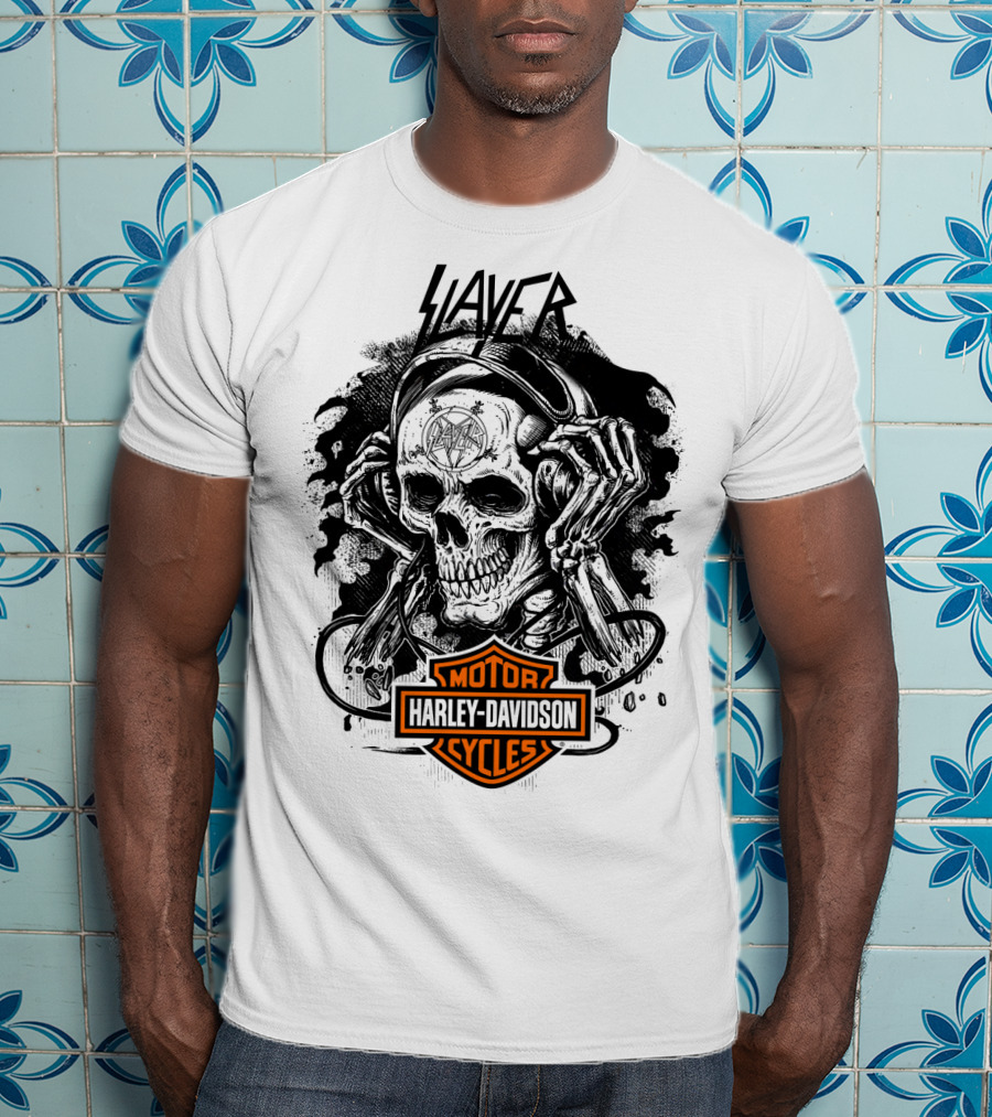 Slayer Skull With Harley Davidson Motorcycles T-Shirt