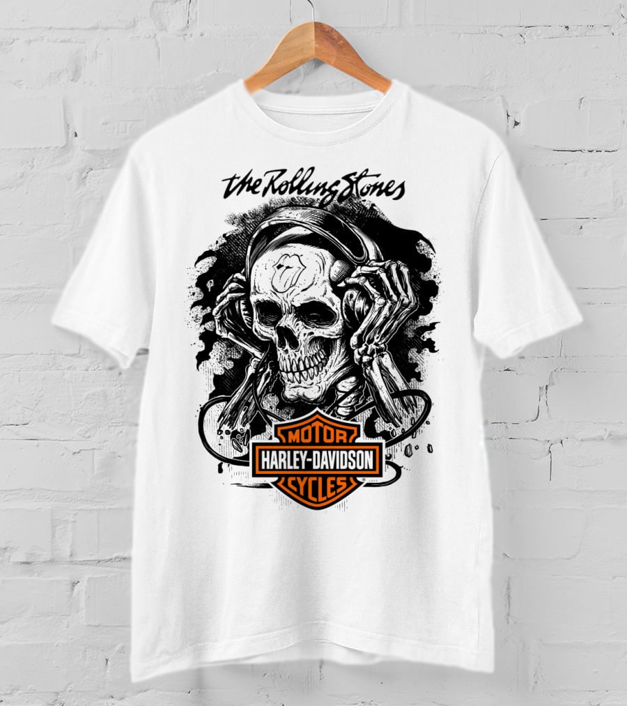 The Rolling Stones Harley Davidson Motor Cycles Skull Art T-Shirt