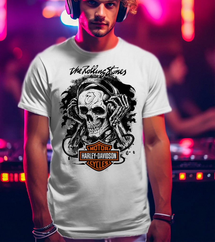 The Rolling Stones Harley Davidson Motor Cycles Skull Art T-Shirt