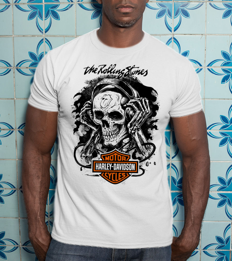 The Rolling Stones Harley Davidson Motor Cycles Skull Art T-Shirt