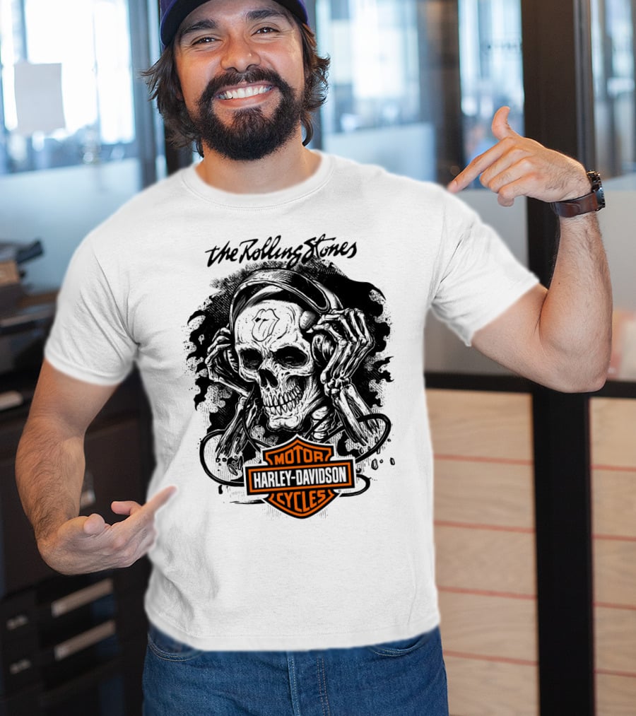 The Rolling Stones Harley Davidson Motor Cycles Skull Art T-Shirt