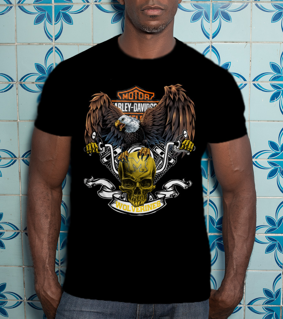 Motor Harley Davidson Cycles Eagle Skull Wolverines Michigan T-Shirt