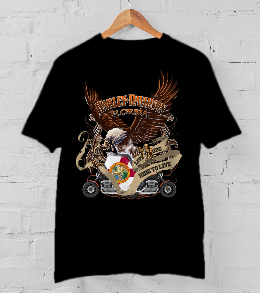 Harley Davidson Florida Live To Ride Eagle And Motorcycle Seal T-Shirt