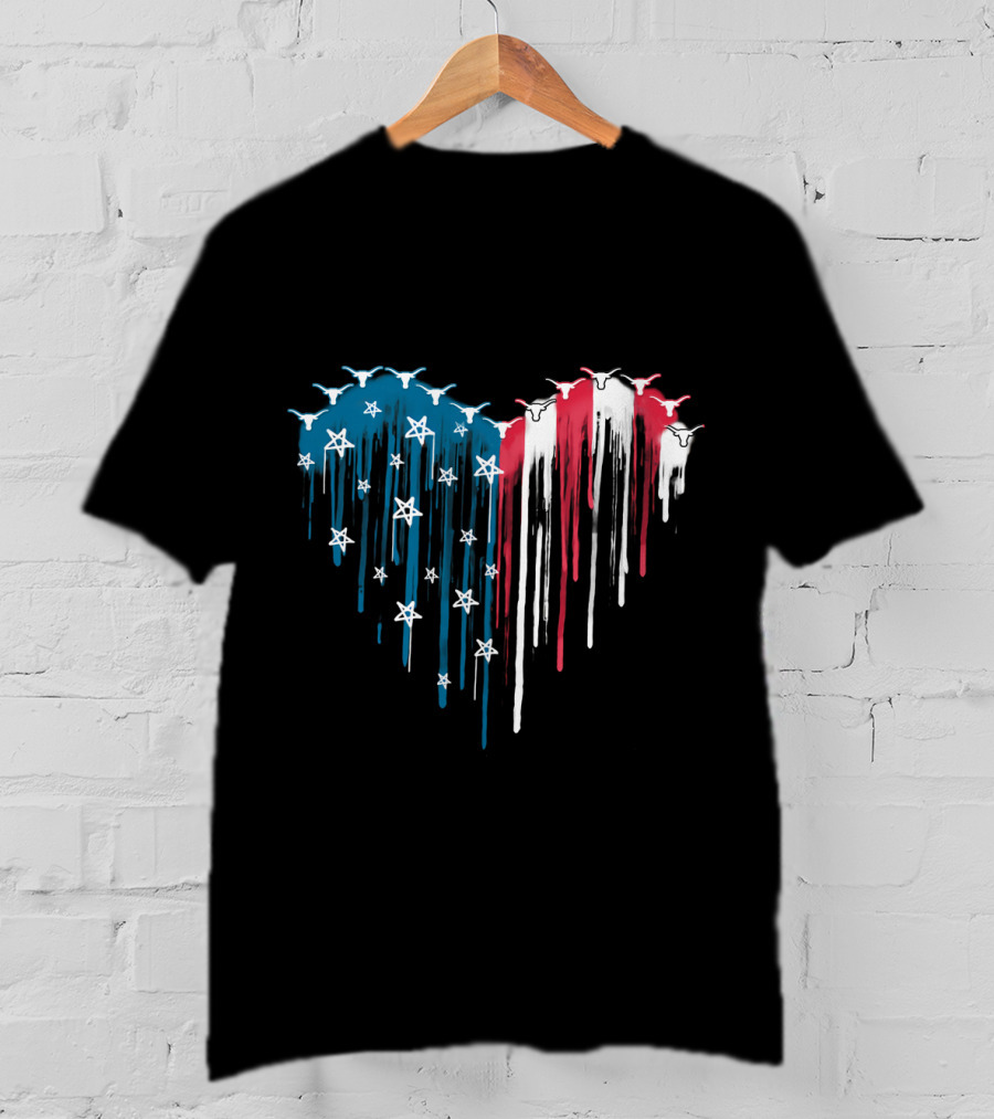 Texas Longhorns Dripping American Flag Heart T-Shirt