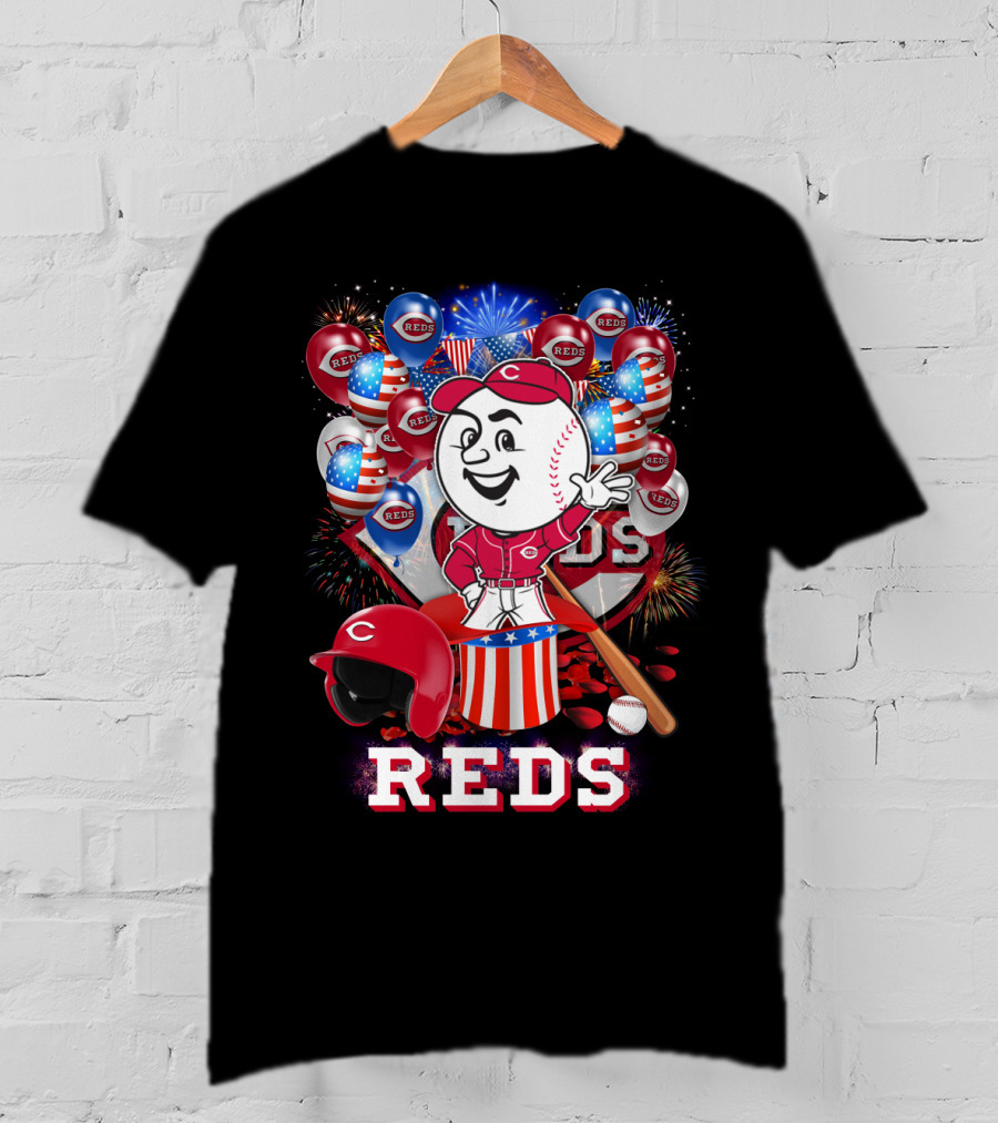 Mlb Cincinnati Reds Baseball Mascot Celebration With Fireworks And Patriotic Details T-Shirt