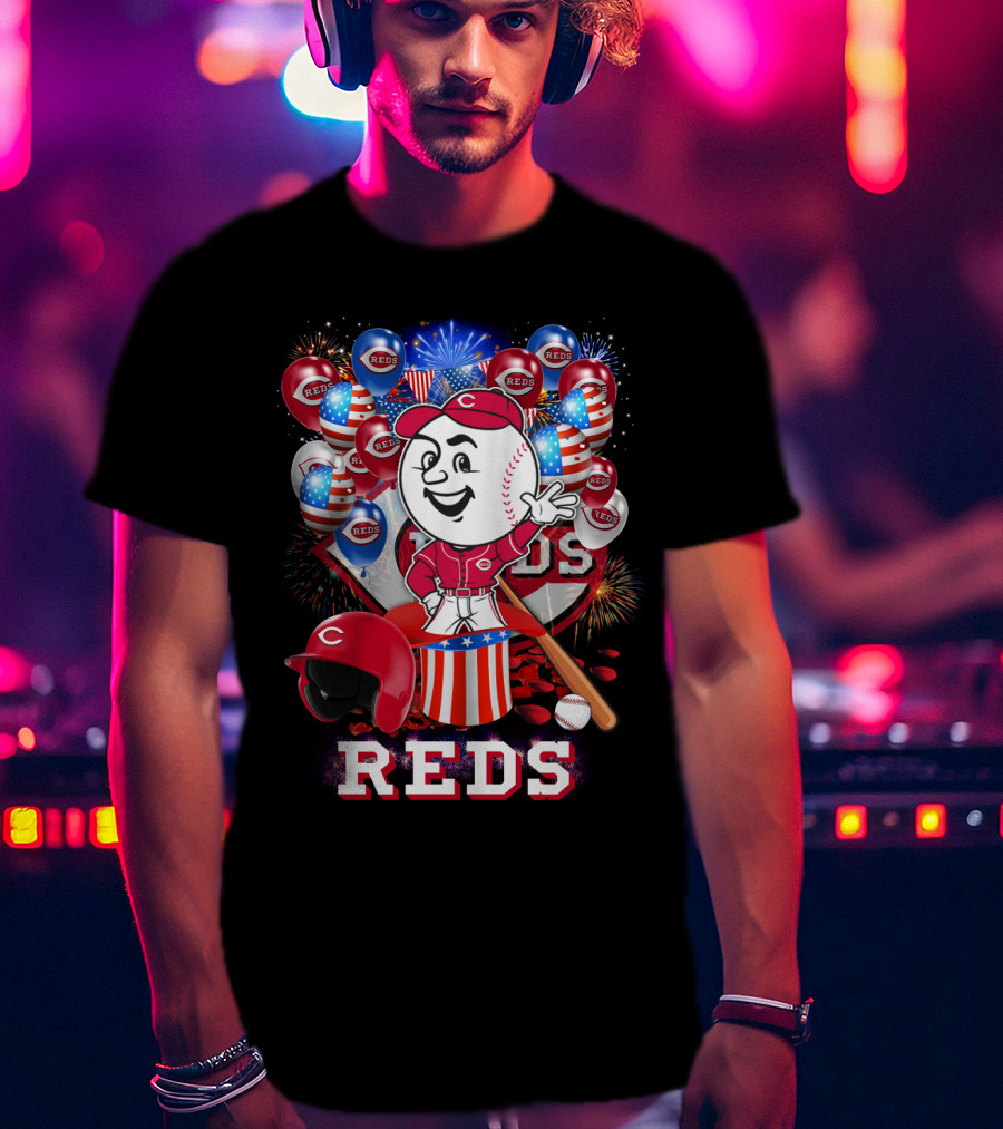 Mlb Cincinnati Reds Baseball Mascot Celebration With Fireworks And Patriotic Details T-Shirt