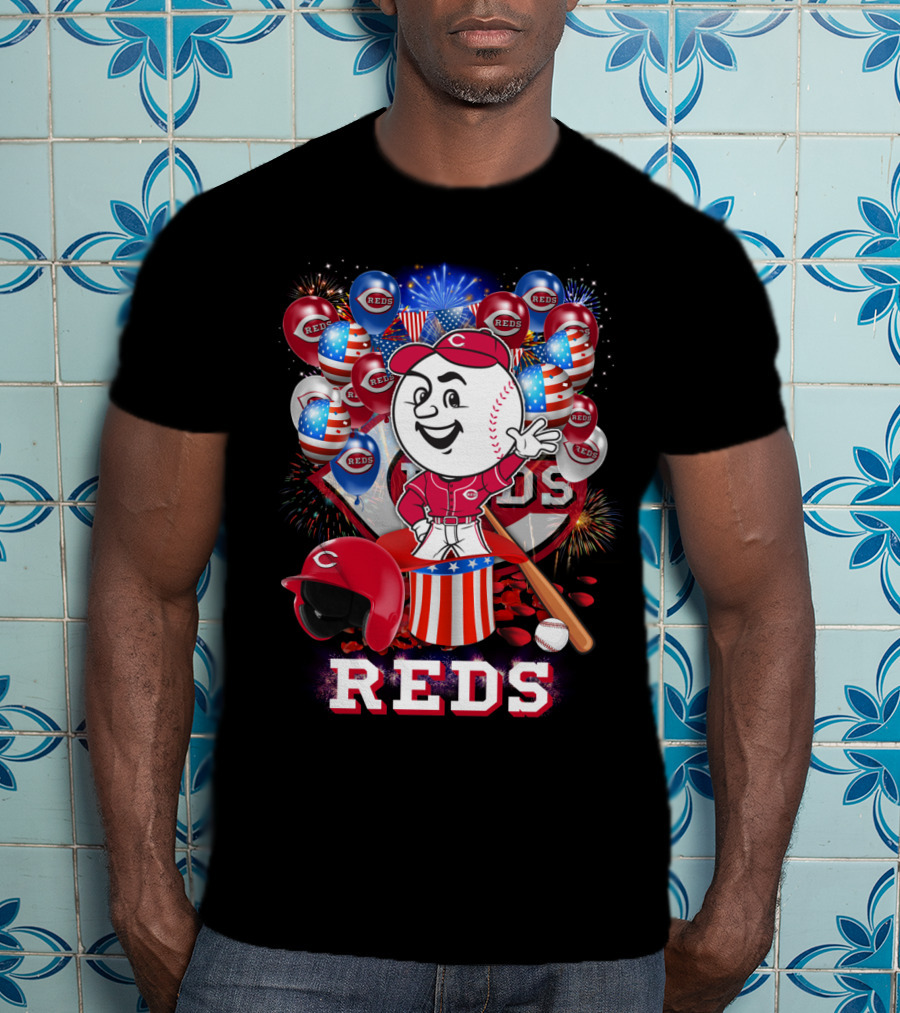 Mlb Cincinnati Reds Baseball Mascot Celebration With Fireworks And Patriotic Details T-Shirt