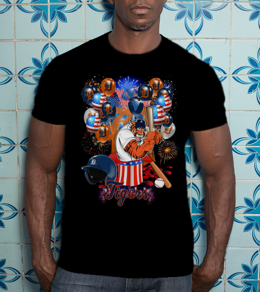 Mlb Detroit Tigers Patriotic Celebration Baseball Fireworks T-Shirt