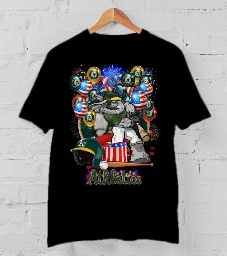 Mlb Oakland Athletics Fireworks Celebration With American Flags And Baseball Elements T-Shirt