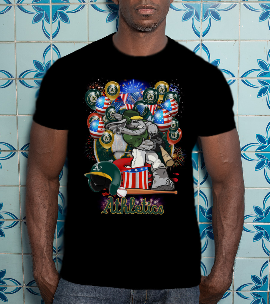 Mlb Oakland Athletics Fireworks Celebration With American Flags And Baseball Elements T-Shirt