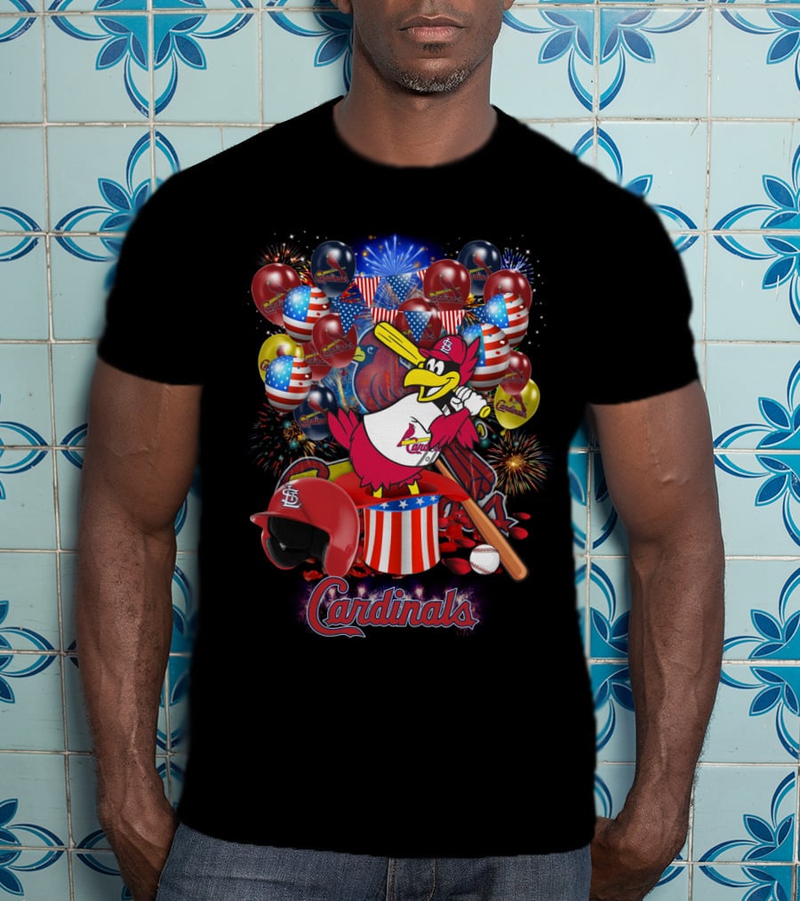 St Louis Cardinals Patriotic Fireworks And Balloons T-Shirt