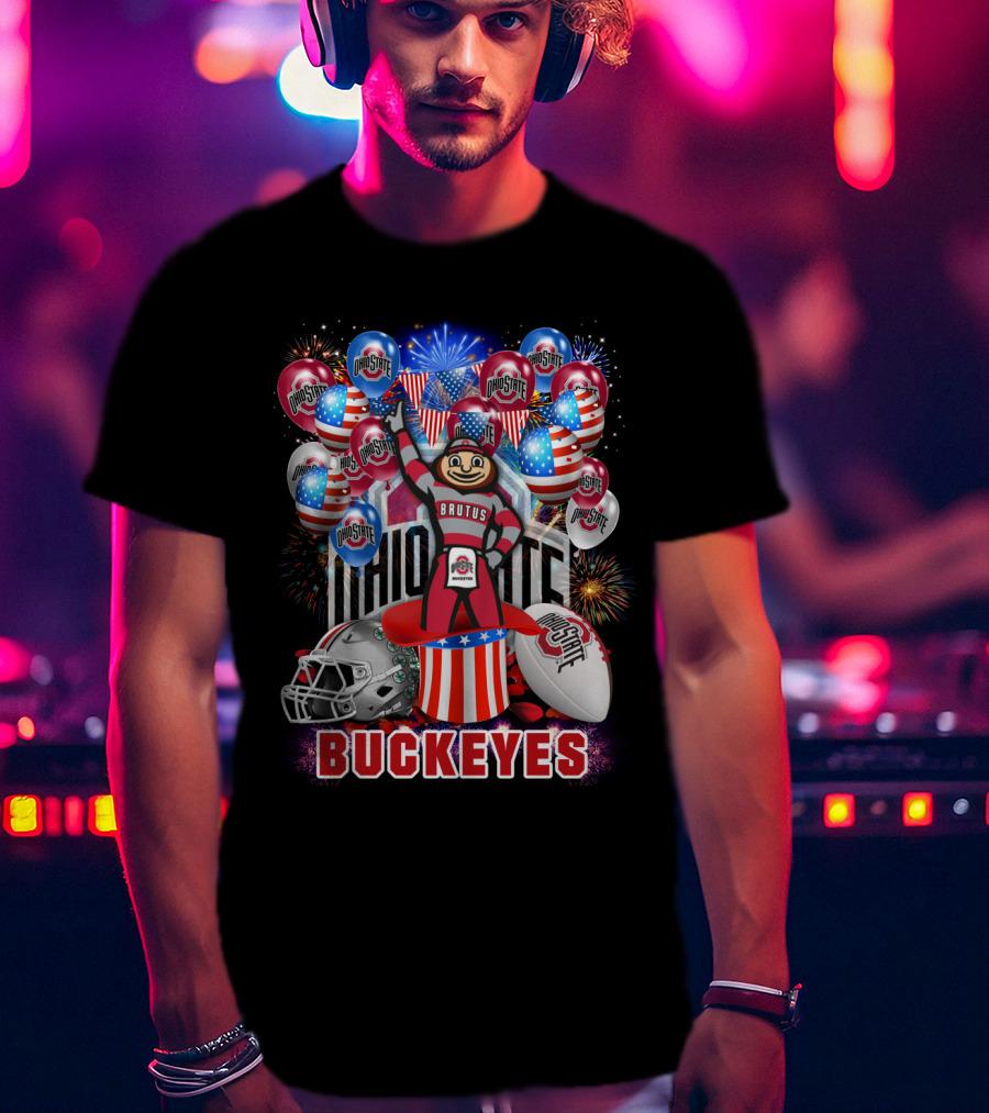 Ncaa Ohio State Buckeyes Brutus Mascot Fireworks And Balloons Celebration T-Shirt