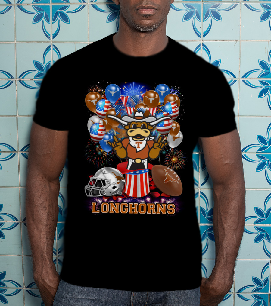 Ncaa Texas Longhorns Mascot Fireworks Balloons Helmet Football T-Shirt