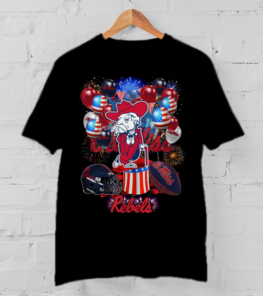 Ncaa2 Ole Miss Rebels Patriotic Balloons Fireworks Football Helmet Colonel Mascot Celebration T-Shirt