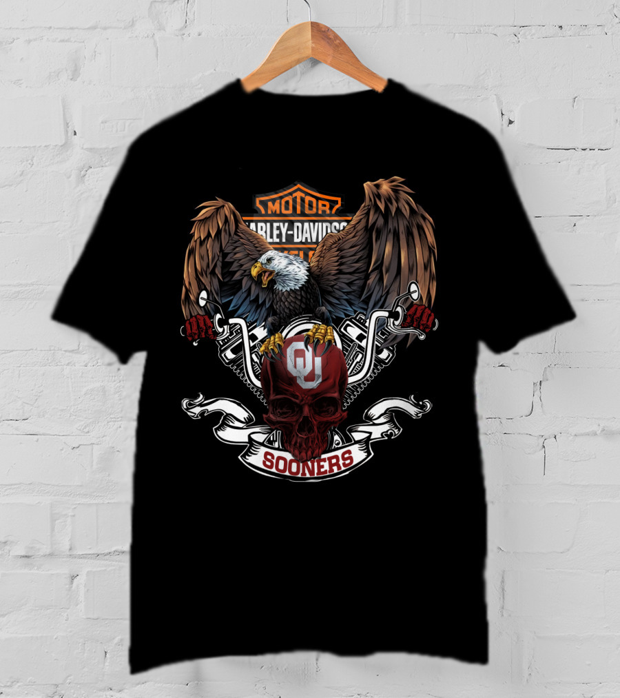 Motor Harley Davidson Cycles Oklahoma Sooners Bald Eagle Skull T-Shirt