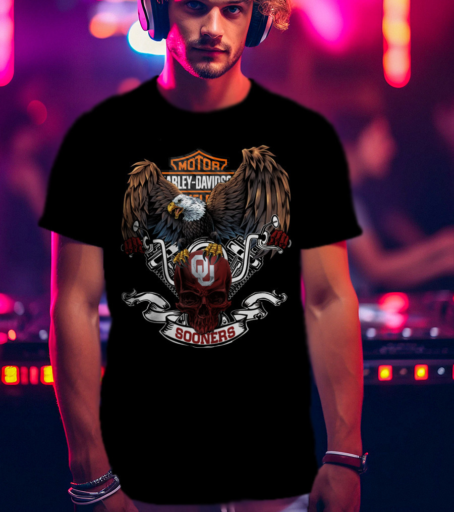 Motor Harley Davidson Cycles Oklahoma Sooners Bald Eagle Skull T-Shirt