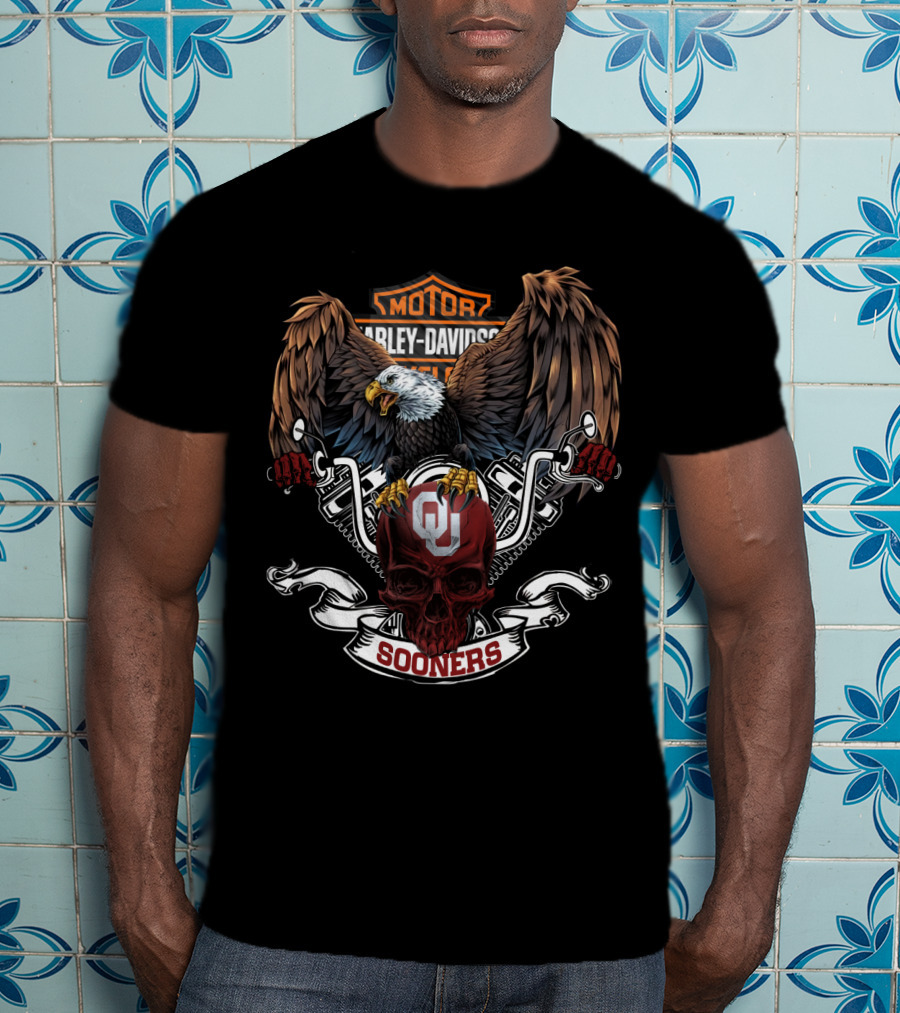 Motor Harley Davidson Cycles Oklahoma Sooners Bald Eagle Skull T-Shirt