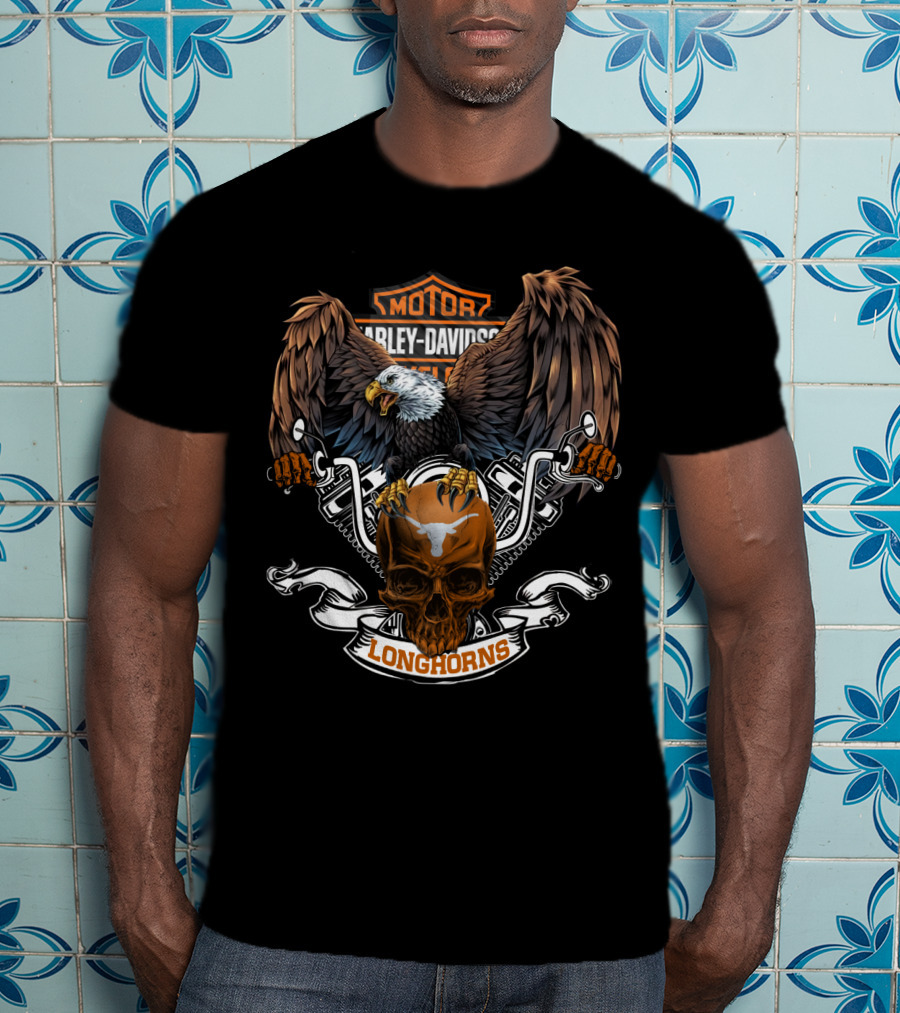 Ncaa Texas Longhorns Eagle Skull Harley Davidson Motor T-Shirt