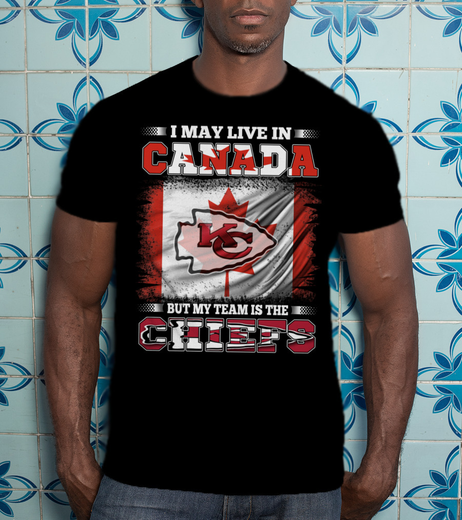 Chiefs Enthusiast Living In Canada With Kansas City Logo And Canadian Flag Background T-Shirt
