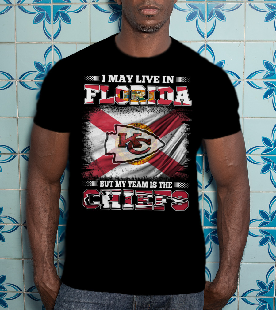 I May Live In Florida But My Team Is The Chiefs KC Logo Florida Flag T-Shirt