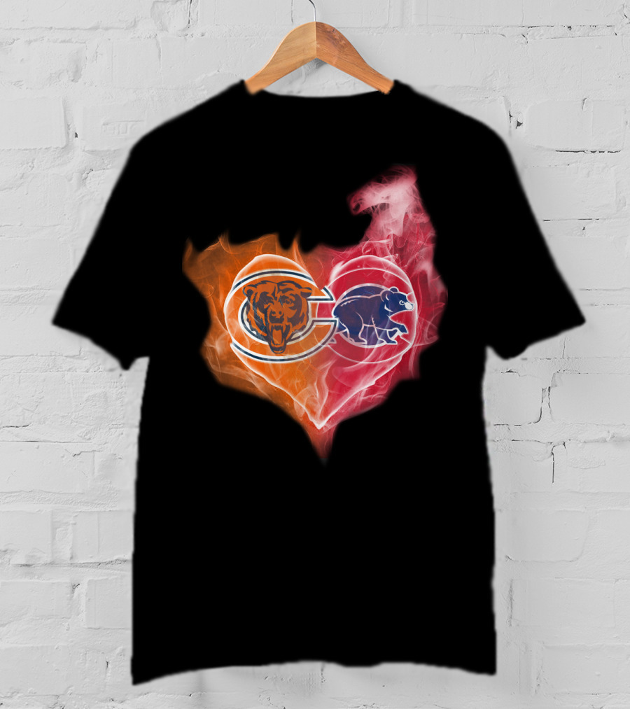 Chicago Bears Cubs Heart Fire Logo Fusion T-Shirt