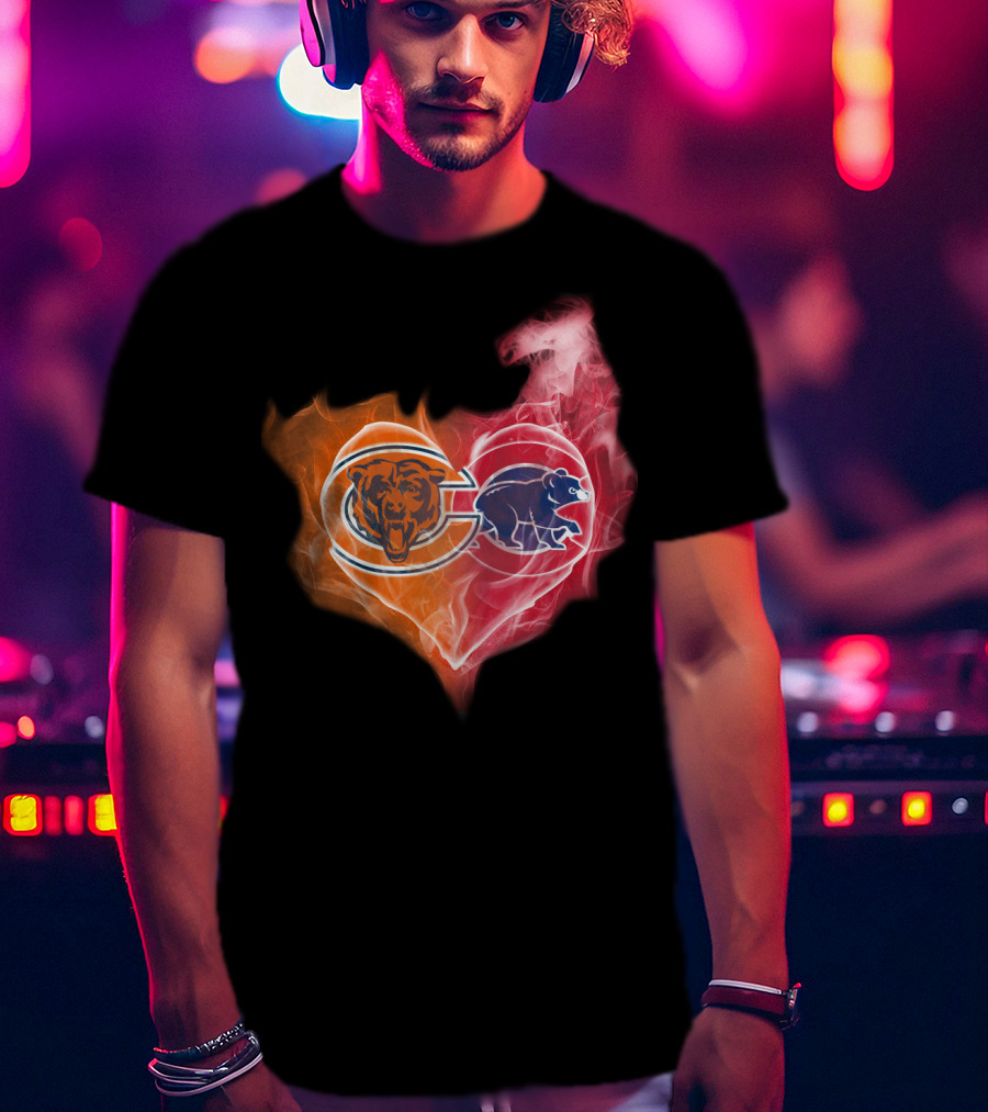 Chicago Bears Cubs Heart Fire Logo Fusion T-Shirt