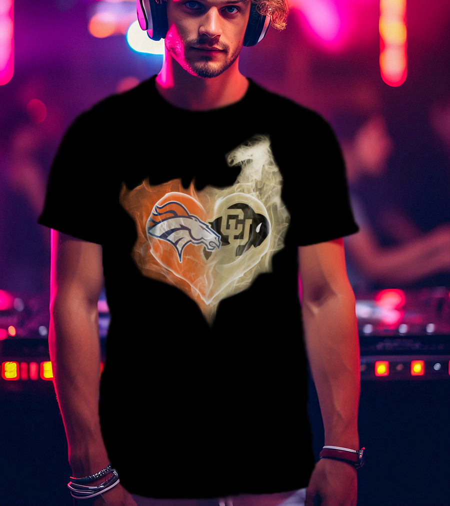 Broncos Colorado Buffaloes Heart-Shaped Flames T-Shirt
