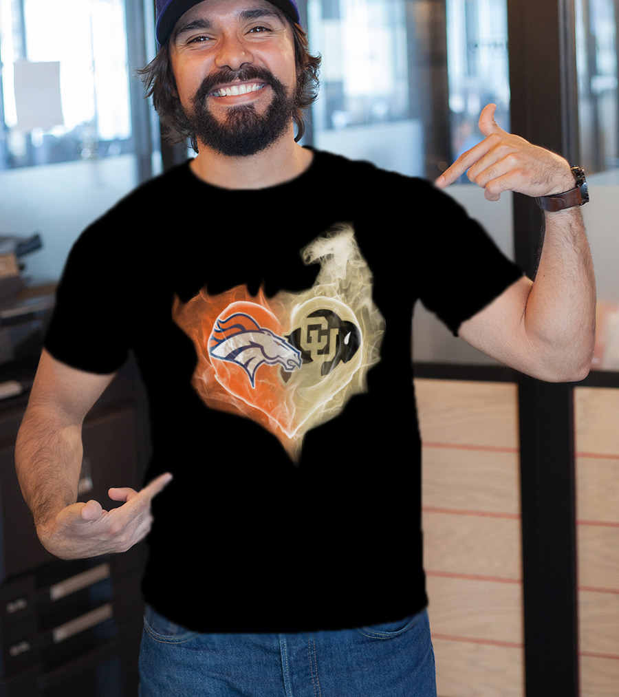 Broncos Colorado Buffaloes Heart-Shaped Flames T-Shirt