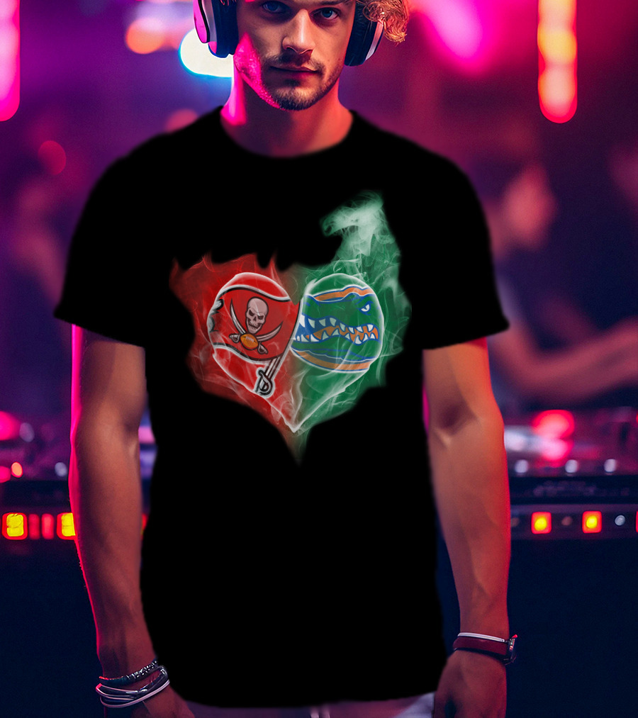 Buccaneers And Florida Gators Heart Smoke Logo Combination T-Shirt