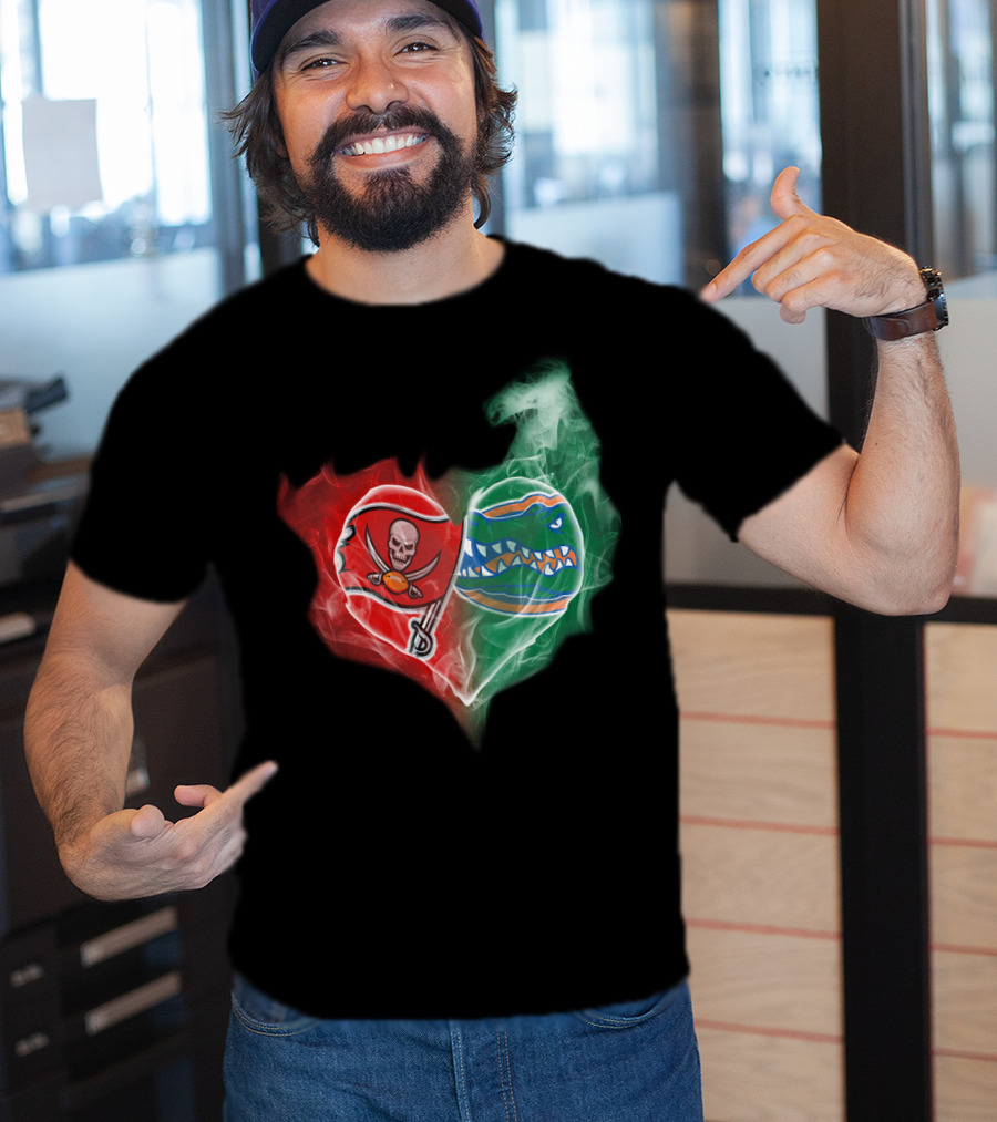 Buccaneers And Florida Gators Heart Smoke Logo Combination T-Shirt
