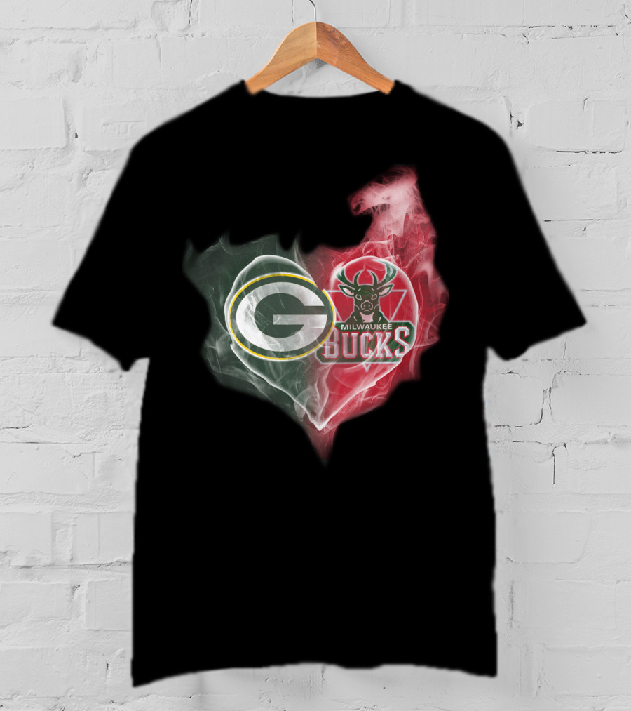 Green Bay Packers And Milwaukee Bucks Heart Fusion T-Shirt