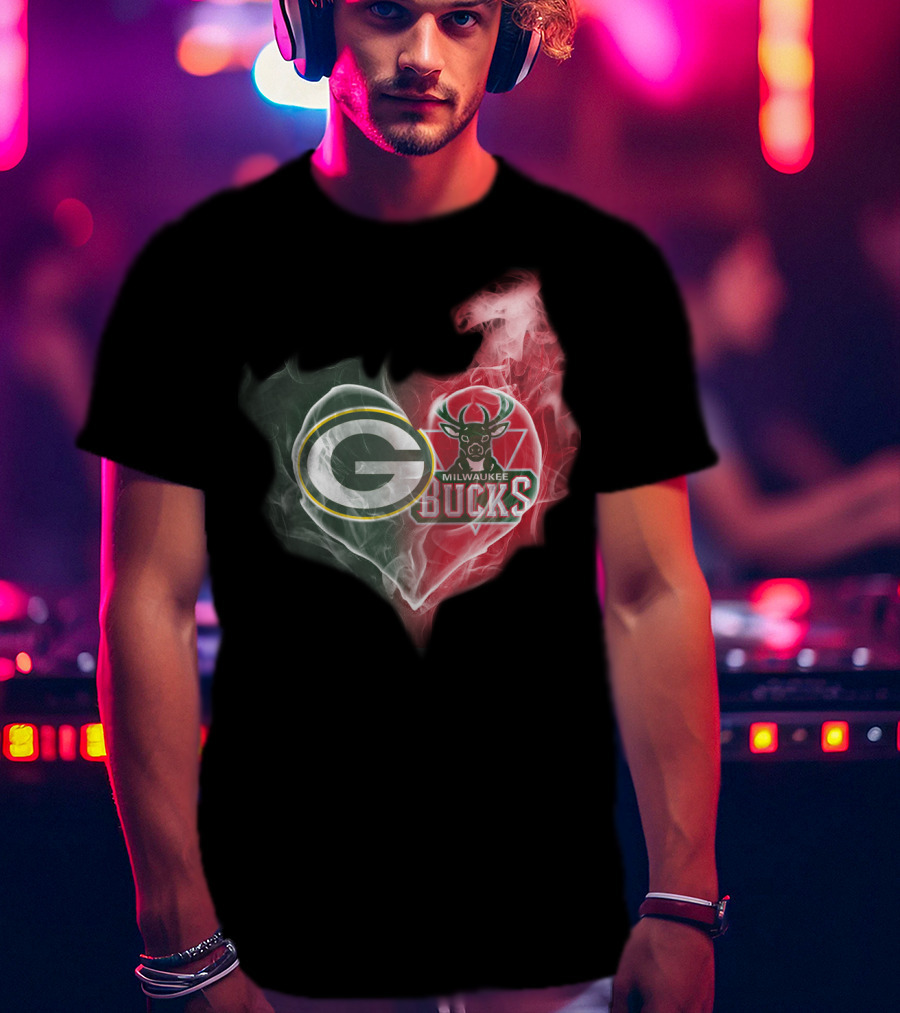Green Bay Packers And Milwaukee Bucks Heart Fusion T-Shirt