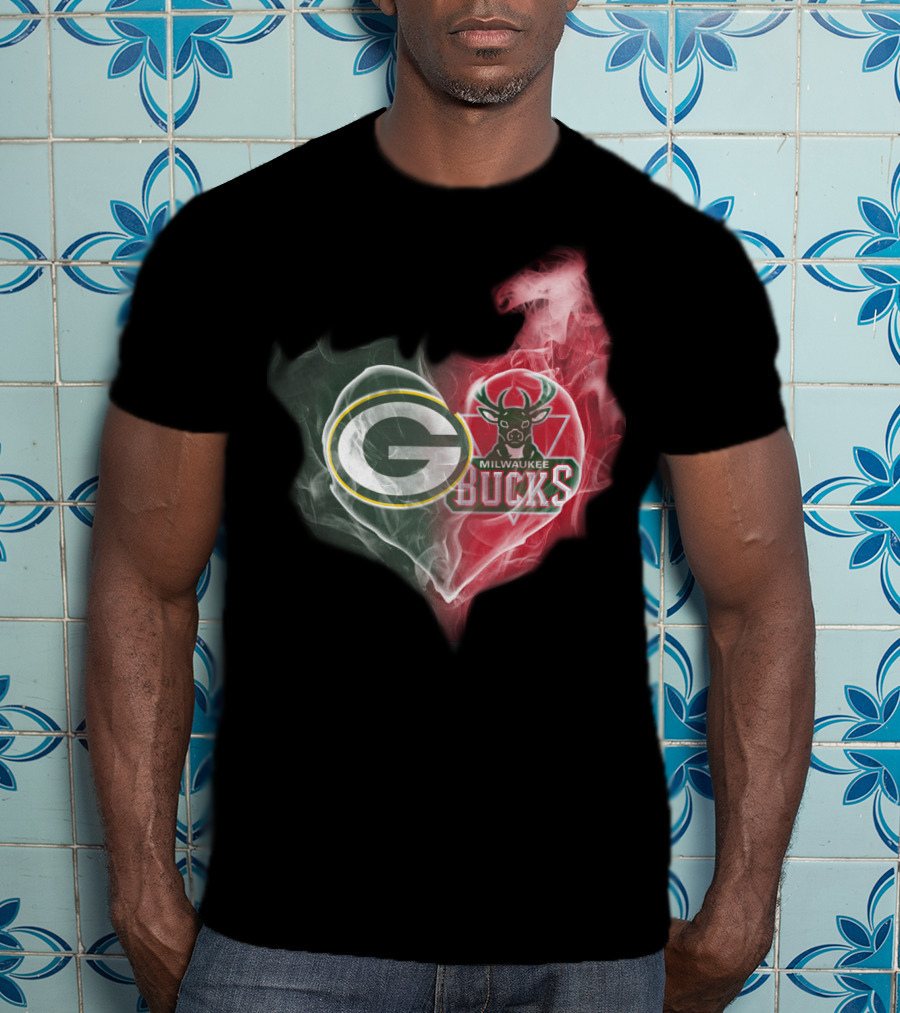 Green Bay Packers And Milwaukee Bucks Heart Fusion T-Shirt