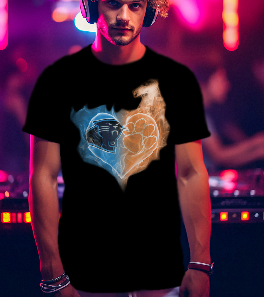 Carolina Panthers Clemson Tigers Heart Logo Fire And Ice T-Shirt