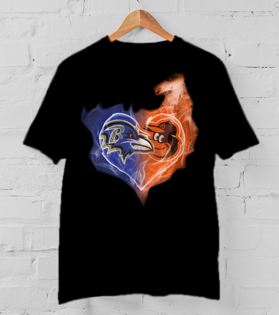 Baltimore Ravens Orioles Heart Flame T-Shirt