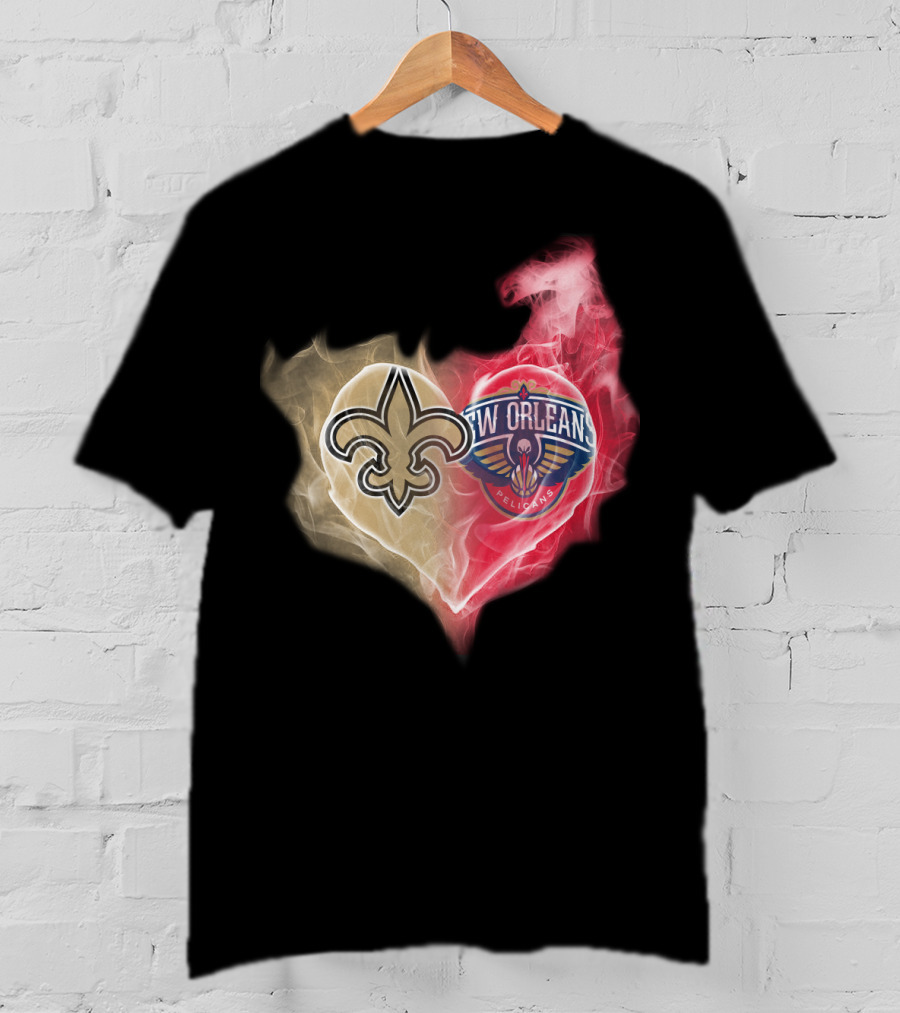 New Orleans Saints Pelicans Heart Logo Fusion T-Shirt
