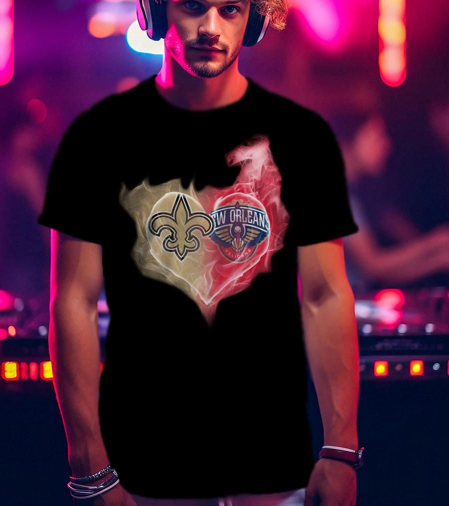 New Orleans Saints Pelicans Heart Logo Fusion T-Shirt