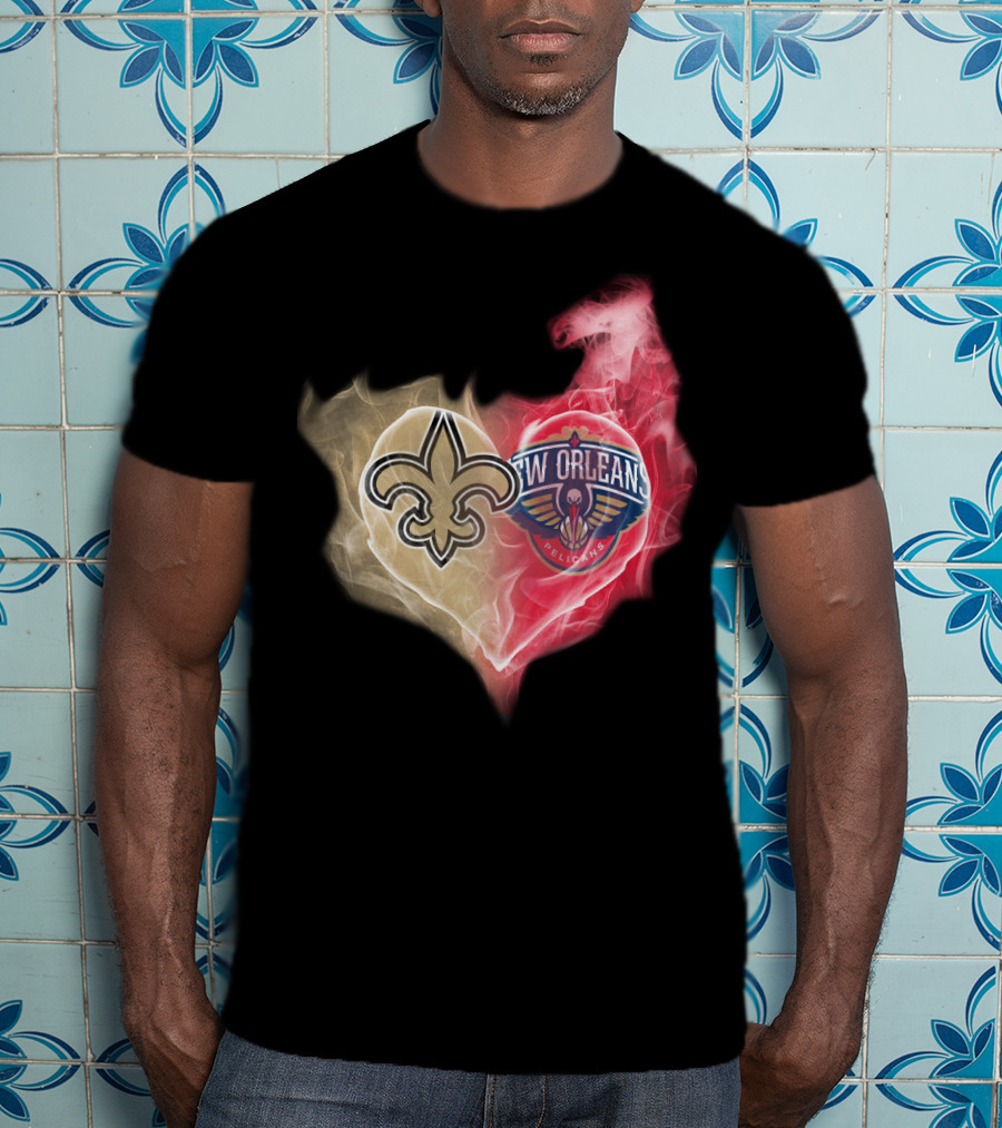New Orleans Saints Pelicans Heart Logo Fusion T-Shirt