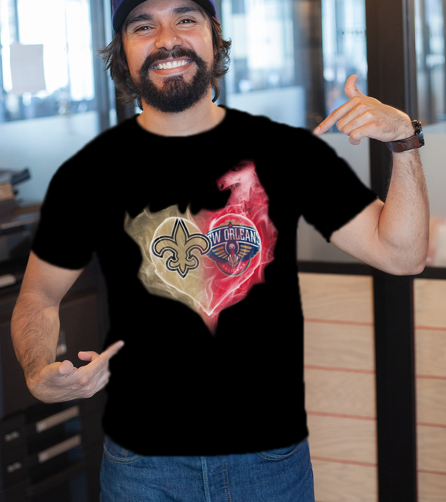 New Orleans Saints Pelicans Heart Logo Fusion T-Shirt