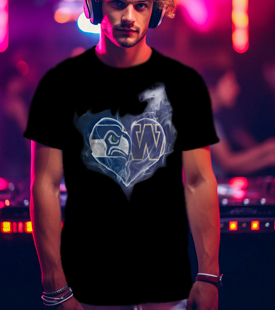Seattle Seahawks Washington Huskies Heart Logo Smoke T-Shirt